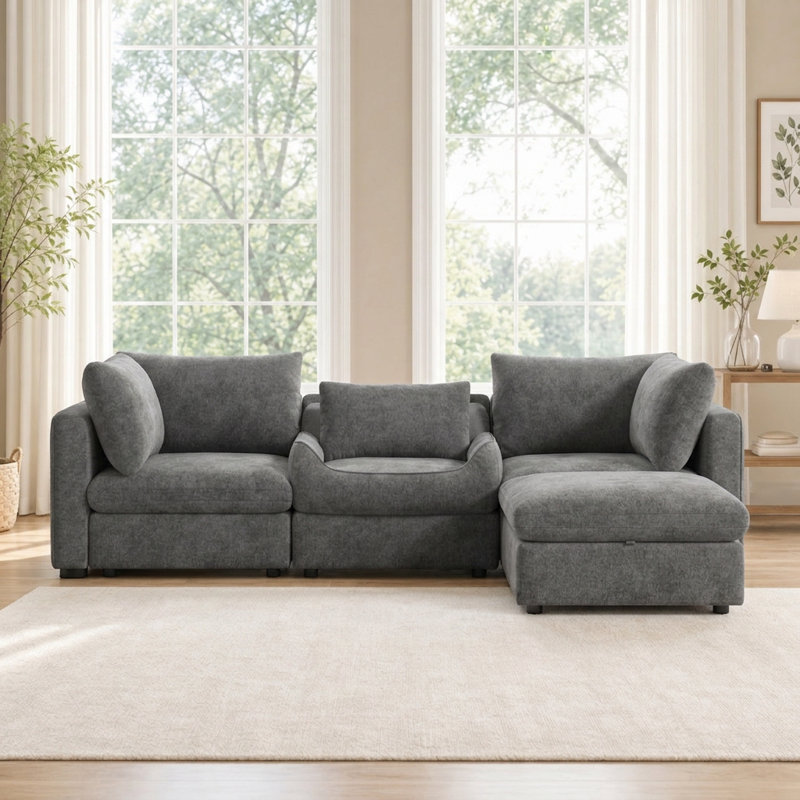  Canapé modulaire rembourré 120 po Sheley, Chenille gris moelleux