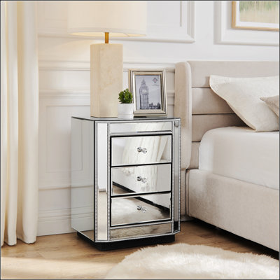 Table de chevet avec miroir à 3 tiroirs, table de bout moderne avec finition réfléchissante et design élégant pour le salon, la chambre à coucher et le vestibule