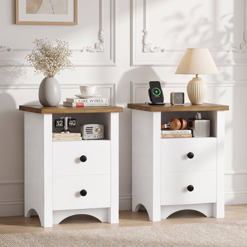 NightStand, ensemble de 2 avec 2 tiroirs et tablette de rangement ouverte, table de chevet de ferme pour salon de chambre à coucher