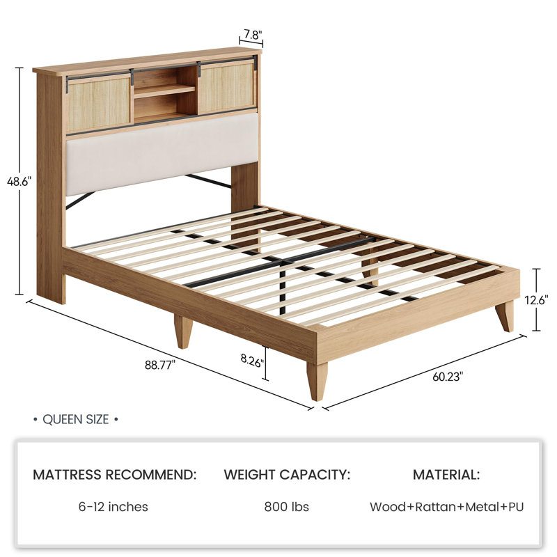 Natural Rattan Queen Bed Frame with Storage Headboard