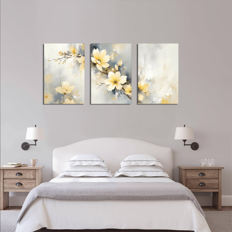 «Elegant Yellow Floral Abstract», reproduction d'art sur toile tendue sur toile (ensemble de 3), H 36 po x l 72 po