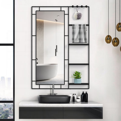Modern Vanity Mirror With Multi-Functional Shelf, Large Bathroom Mirror, Black Frame Decoration Mirror, Suitable For Bathroom, Living Room, Bedroom