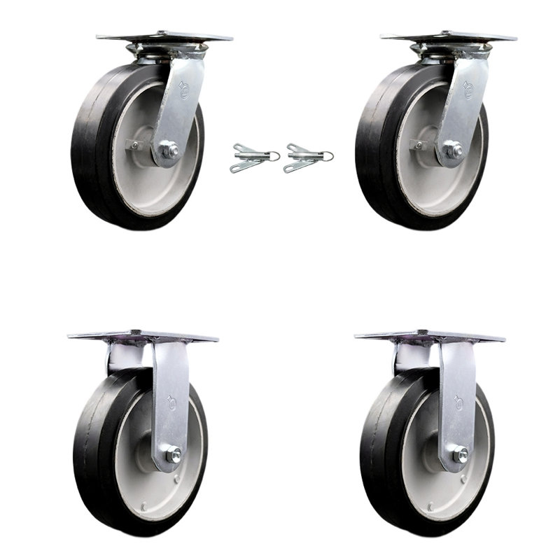 8 Inch Rubber on Aluminum Caster Set with Ball Bearing 2 Swivel Lock and 2 Rigid