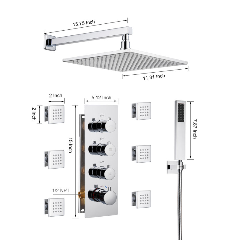 12 Inch Chrome LED Wall Mounted Rain Shower System with Handheld and Body Jets