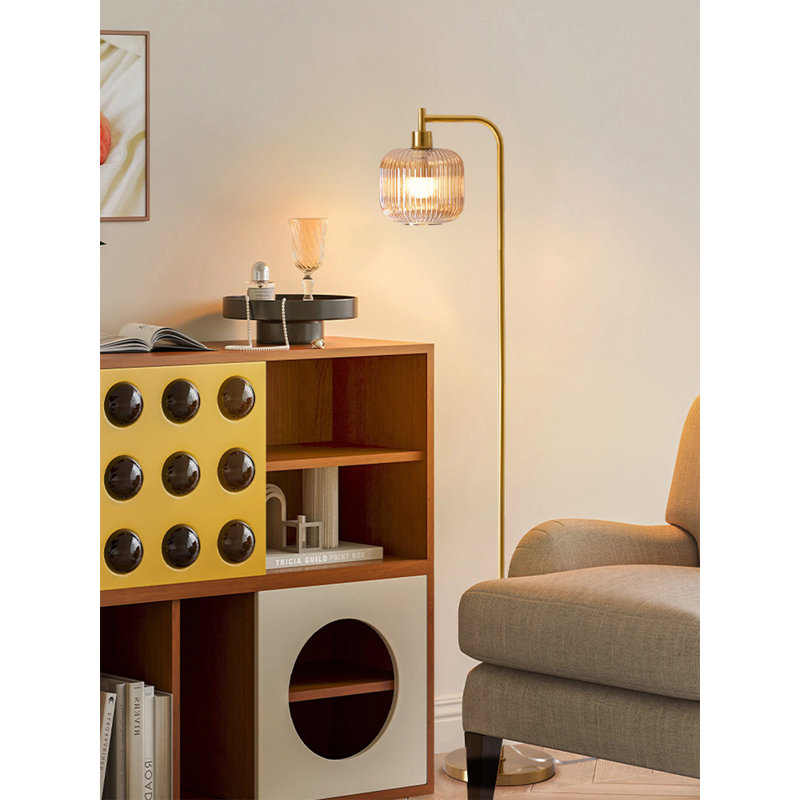 Medieval style metal glass floor lamp, Amber
