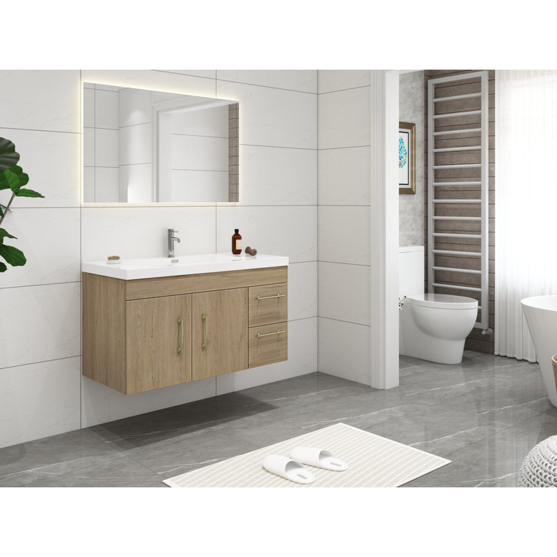 Ensemble de meuble-lavabo simple mural de 42 po Carliss, Blanc / Chêne, Doré