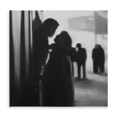 Monochrome Figurative Tablecloth | Couple at the Train Station