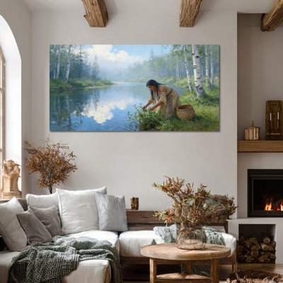  Art mural sur toile, peinture amérindienne Riverside Heritage, image de décor indien, affiche sur toile pour salon, bureau mural, œuvre d'art 16 x 32 po