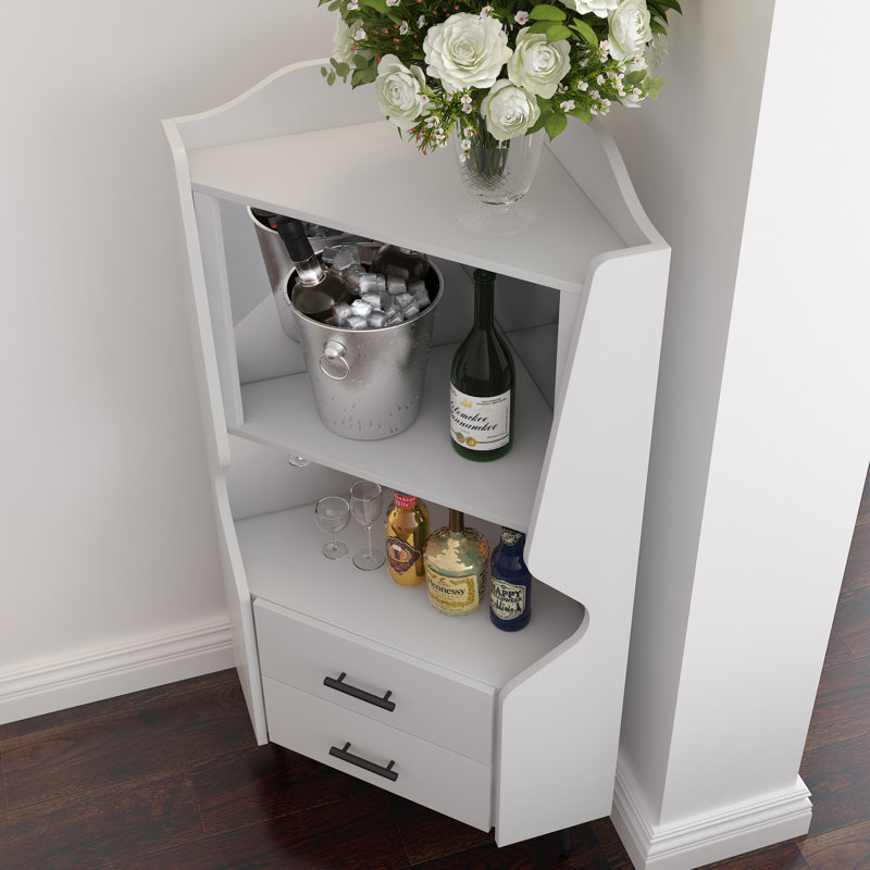 Mirrored Back Corner Bar Cabinet with High Legs, 2-Drawer and Shelf White Wooden Buffet