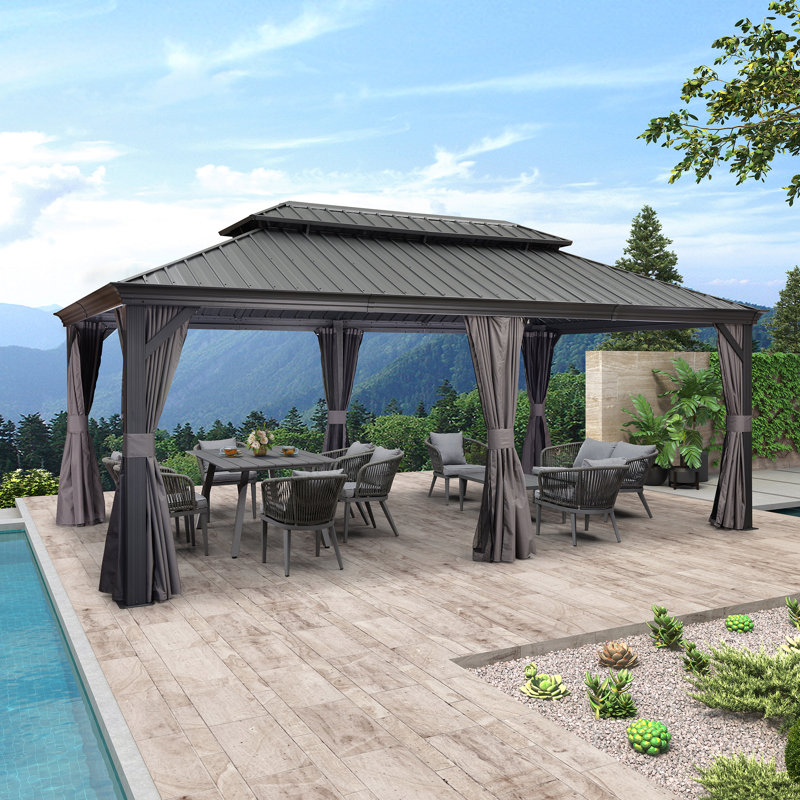 PURPLE LEAF 12' X 20' Permanent Hardtop Gazebo Aluminum Gazebo with Galvanized Steel Double Roof for Patio Lawn and Garden, Curtains and Netting Included, Gray