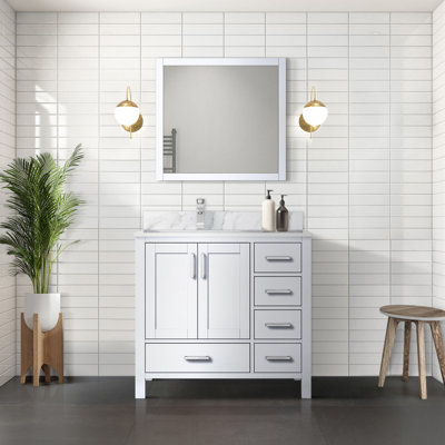 Meuble-lavabo blanc 36 po X P 22 po D, ensemble de dessus en marbre de Carrare décalé à gauche et robinet