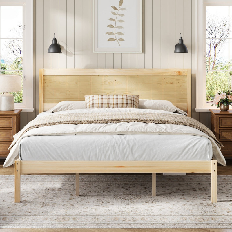 Base de lit plateforme avec tête de lit, support à lattes de bois, aucun sommier requis, très grand, naturel, Natural