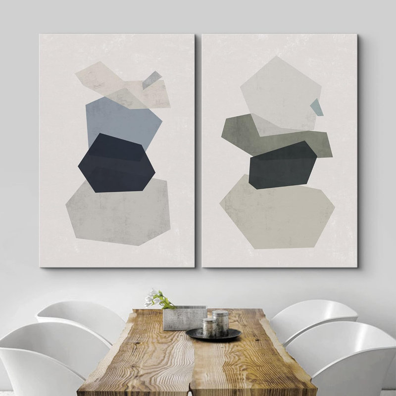 Abstract Shape " Geometric Pastel Blue & Green Polygon Layers Abstract Shapes Modern " 2 - Pieces, Wrapped Canvas