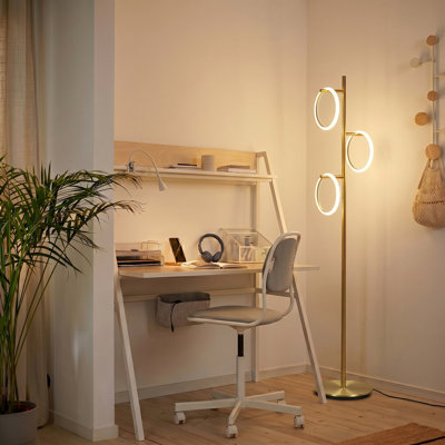 Lampe sur pied DEL moderne de 66 po avec 3 lumières annulaires, finition dorée et gradation tactile intégrée à 3 voies Saturn