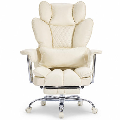 Grande et haute chaise de bureau ergonomique - capacité de 350 lb, cuir de polyuréthane à haut dossier, coussin à ressorts ensachés, accoudoirs réglables et lombaire, inclinable à 150 ° avec repose-pieds - café laiteux