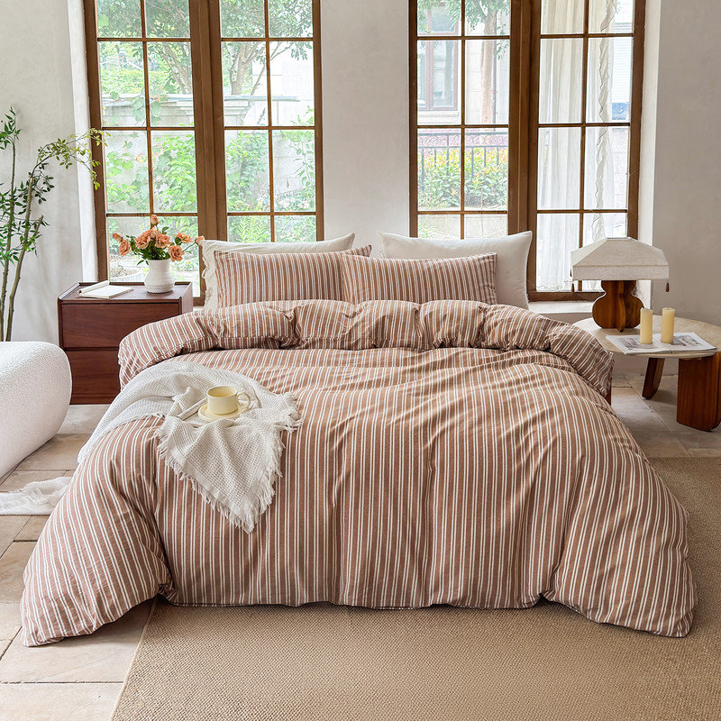 Ensemble de housse de couette rayé 100% coton délavé DONEUS, Housse de couette pour très grand lit et 2 taies 