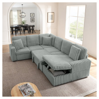Canapé modulaire en U en velours côtelé moderne avec lit escamotable et méridienne de rangement, canapé en velours gris