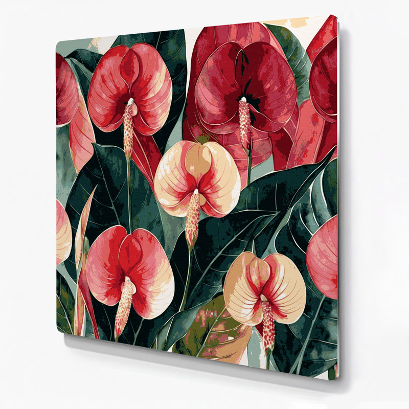 Art mural botanique en métal rouge Anthurium, H 12 po x l 12 po