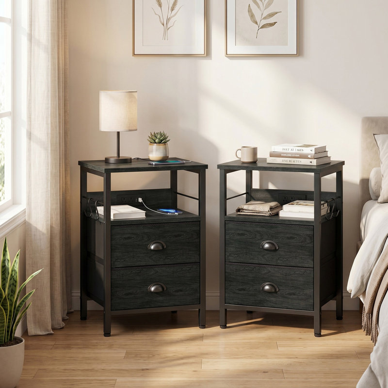 Tables de chevet avec 2 ports USB et prises de courant, 2 tiroirs et 2 tablettes de rangement ouvertes, Chêne noir