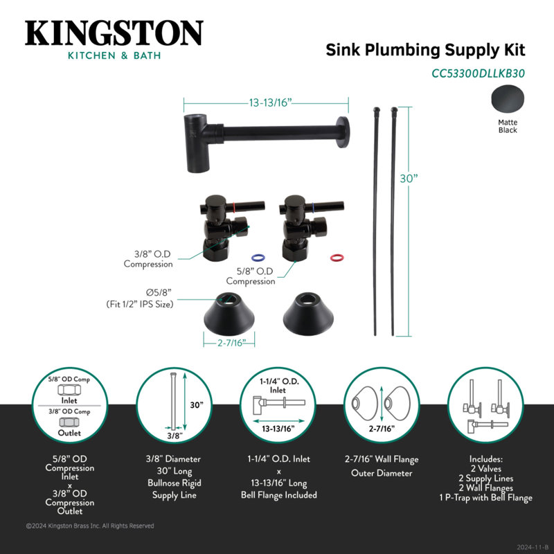 Kingston Brass Trimscape Contemporary Plumbing Sink Trim Kit with Bottle Trap, Matte Black