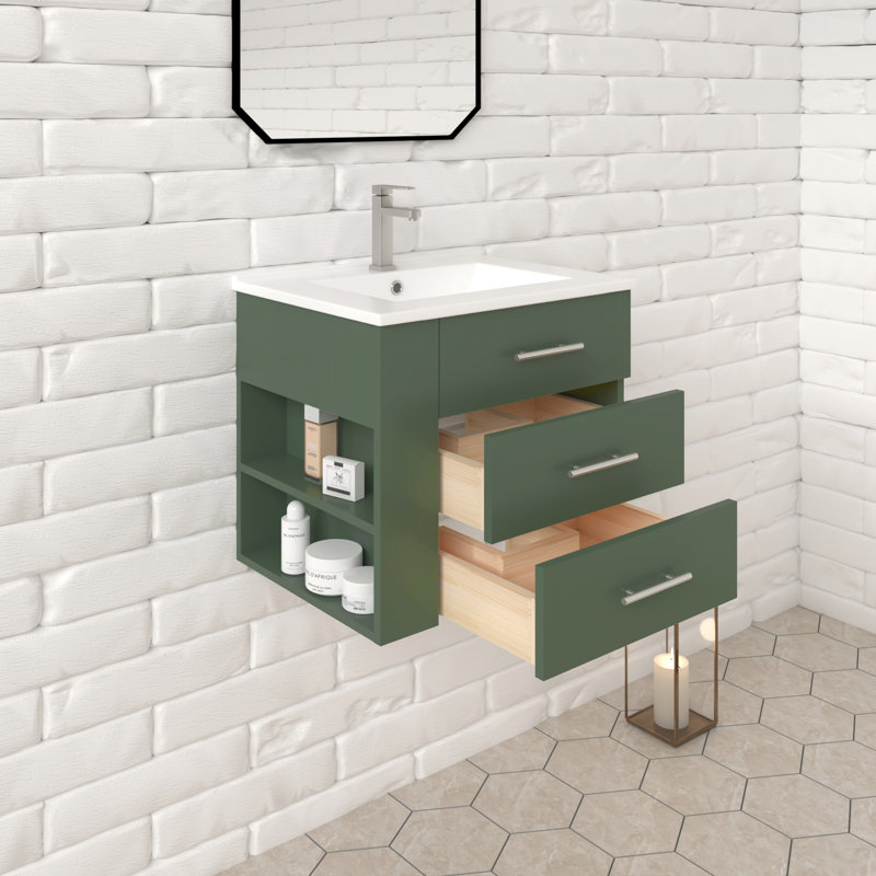 Ensemble de meuble-lavabo mural simple 24 po Aurilla avec comptoir en céramique blanc vert forêt et tablette de gauche Aurilla