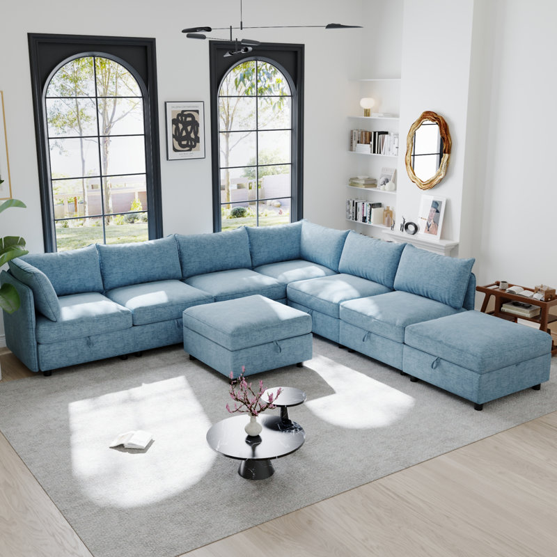 Canapé modulaire modulaire, Chenille bleu antique