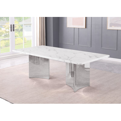 White Marble Dining Table With Stainless Steel Base 87" x 42"