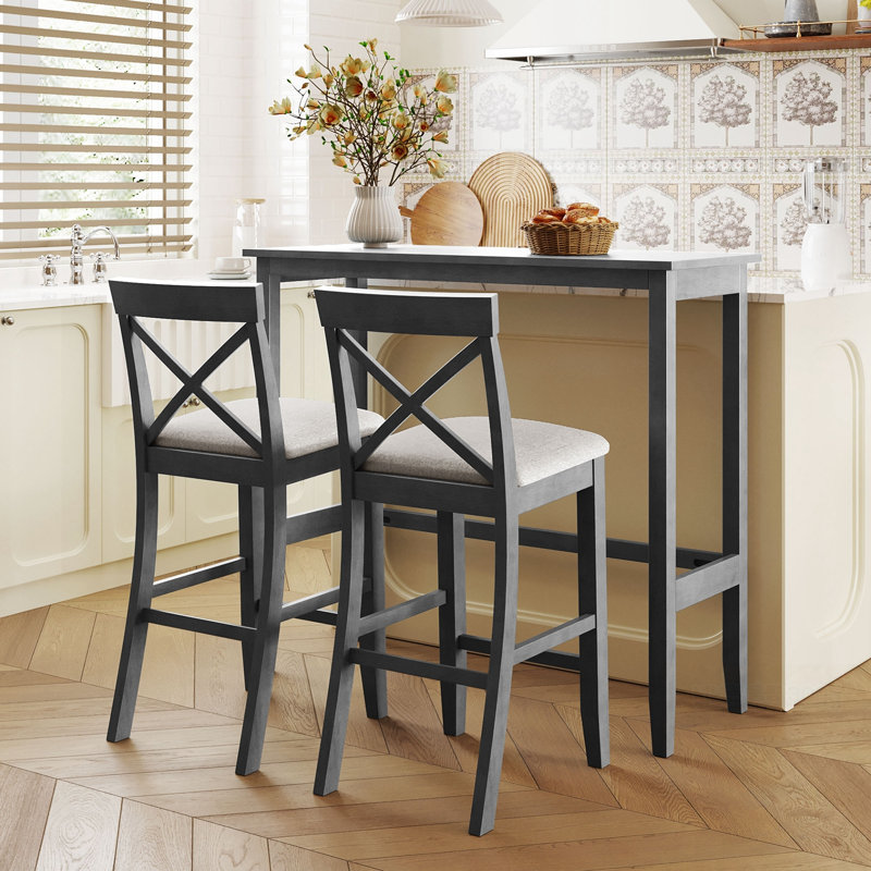 3-Piece Dining Table Set With 2 Cross Back Chairs, Gray, Gray