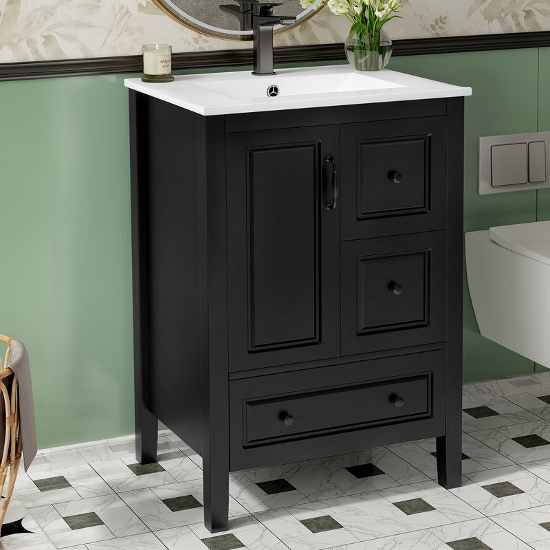 Gerhardt 24" Freestanding Bathroom Vanity With Ceramic Sink, Cabinet & Drawers, Black