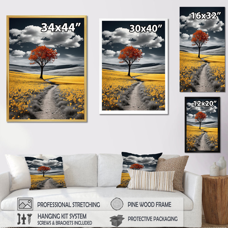 Road In The Yellow Wilderness - Art mural sur toile route, Cadre photo noir, H 20 po x l 12 po x P 1 po
