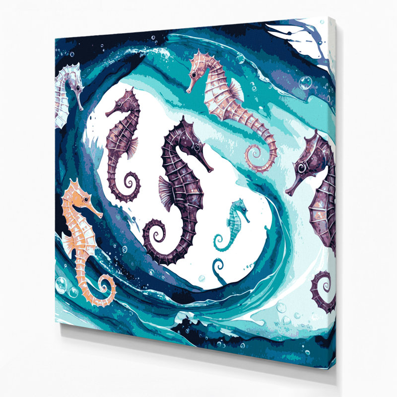 Art mural sur toile bleu hippocampes nautiques, H 12 po x l 12 po