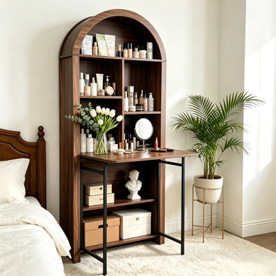Tall Arched Bookcase,Folding Craft Desk,Convertible Hideaway Desk to Bookshelf,Vanity Desk, Foldable Desk with Storage, Disappearing Desk for Small Spaces,Wine Cabinet for Living Room, Home Office