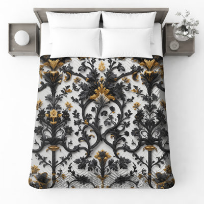 Black Gold Floral Motif Quilted Bedspread All Sizes