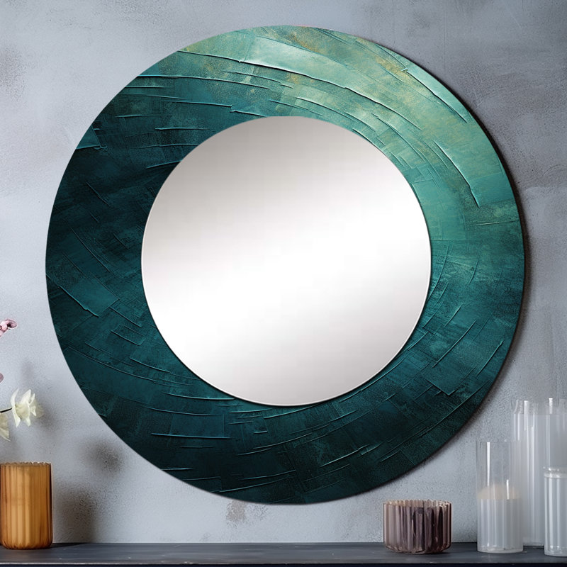 Teal Twisting Tranquility Spiral I - Abstract Spirals Decorative Wall Mirror, Modern Large Round Mirror, Printed Metal Art