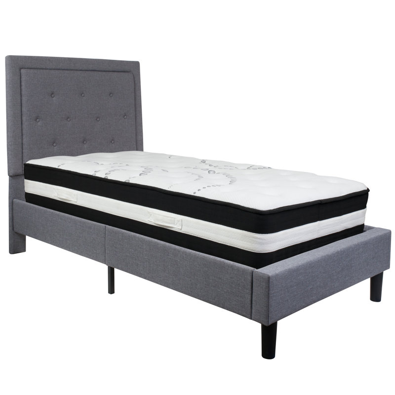 Aluino Panel Tufted Upholstered Platform Bed and Pocket Spring Mattress, Gray, Twin