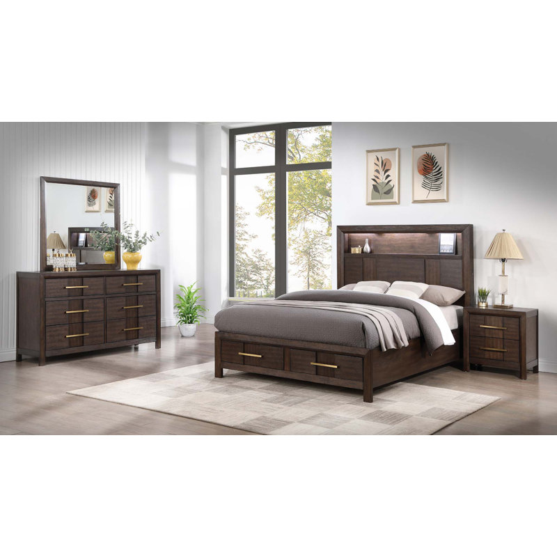 Ensemble de chambre à coucher 4 pièces avec tête de lit à DEL, Grand, Quatre pièces : lit, table de chevet, commode et