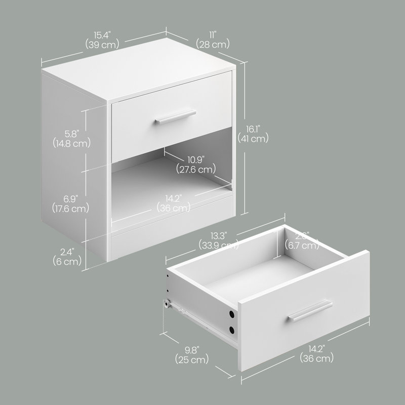 Bedside Table, Side Table with Drawer, Handle, Open Compartment, White, White