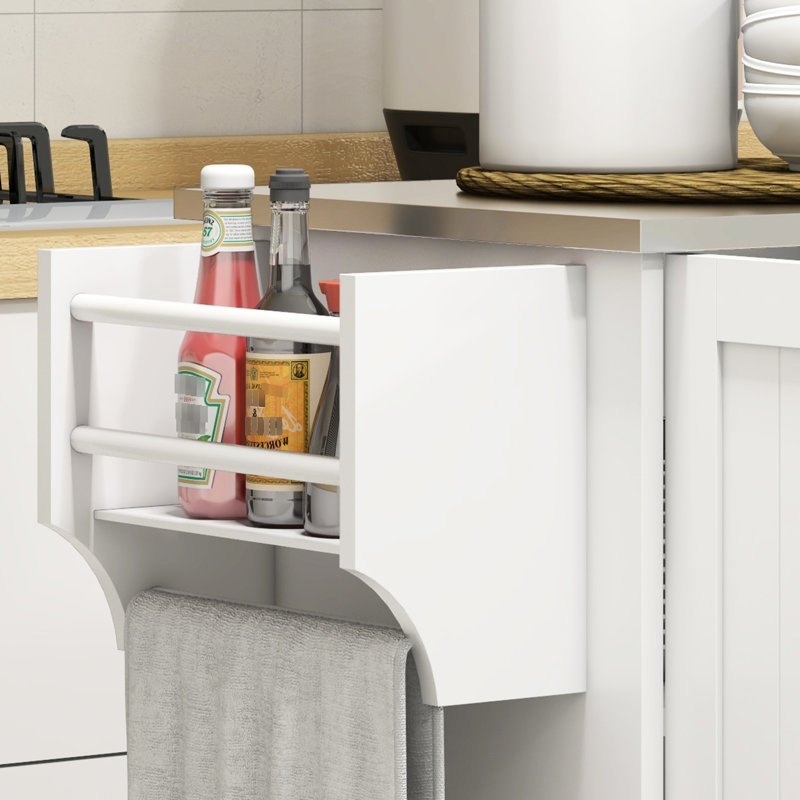 Îlot de cuisine avec tiroir et support à épices - blanc, comptoir en acier inoxydable, 3 armoires, porte-serviettes, îlot roulant compact, surface, tiroir, blanc pour une installation spacieuse