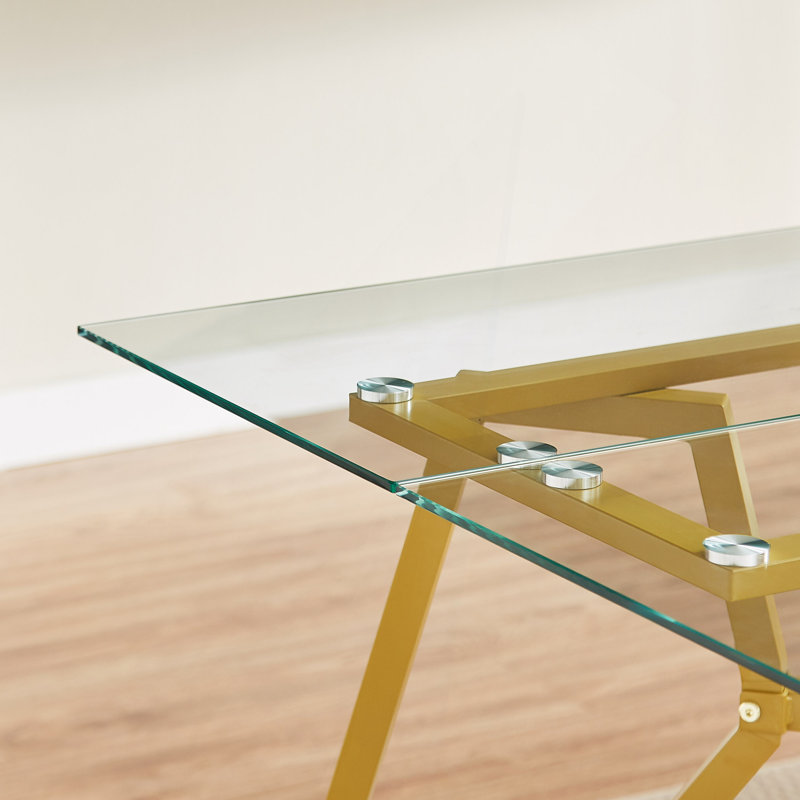 table de salle à manger rectangulaire en verre, convenant à 1 à 8 personnes, table de salle à manger de cuisine de style moderne, équipée de pieds en métal robustes, convenant à la salle à manger, au salon, au bureau, en or