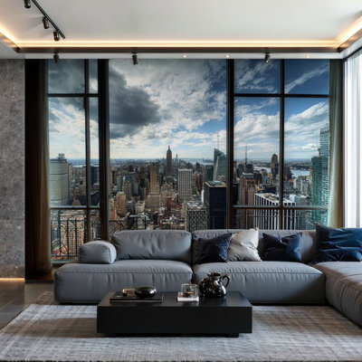Papier peint adhésif sur toile pelez et collez, vue de New York City Skyline Buildings from High Rise Window Wall Art, autocollant et amovible
