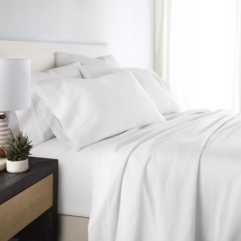 Ensemble de draps en coton Sateen, White, Ensemble de draps pour grand lit avec 2 taies d'or
