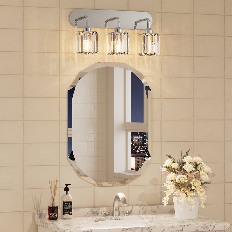 Éclairage de meuble-lavabo à intensité variable avec abat-jour en cristal, Chrome poli, Trois lumières