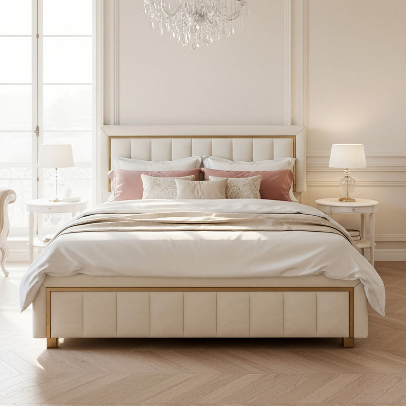 Velvet Ottoman Bed, Glam Upholstered Storage Frame With Trim, Beige, European King (160 x 200 cm)