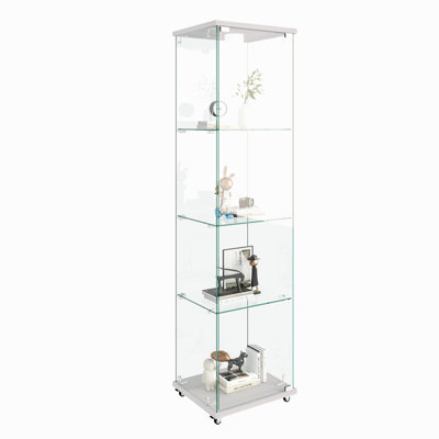 Modern Glass Display Cabinet With Led Lights, Quick-Assembly Antique Cabinet, Tempered Glass Bookshelf, Suitable For Living Room And Bedrooms, 1-Door 4-Shelf