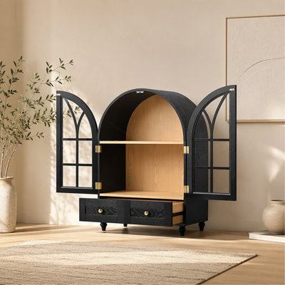 Arched Display Cabinet with Tempered Glass Doors, Wood Storage Cabinet with Natural Wood Grain Finish, Solid Wood Legs Accent Cabinet with Drawers for