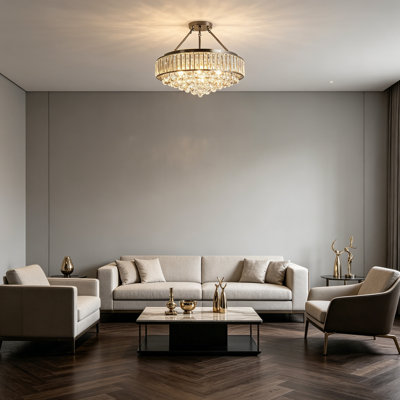6-Light Modern Large Crystal Chandelier - E26 Base Semi-Flush Mount Round Ceiling Light