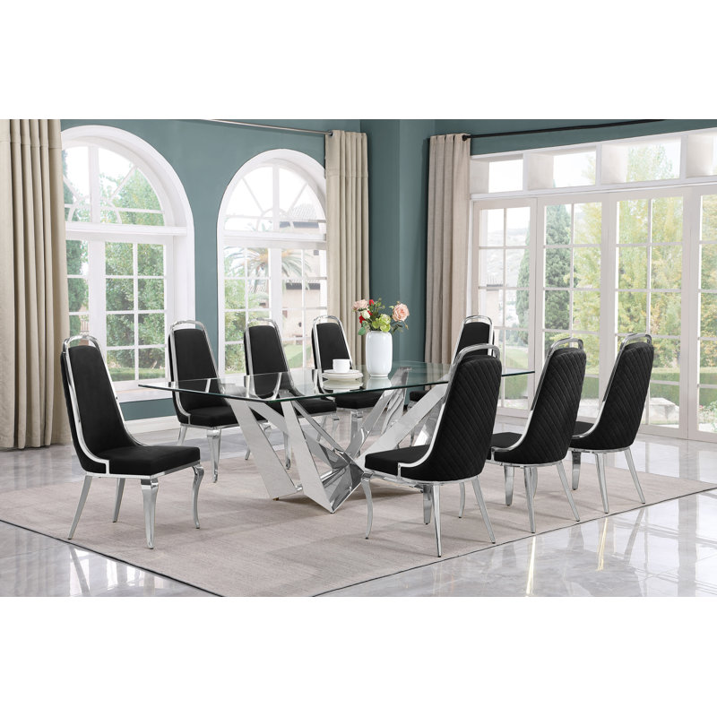 Ensemble de salle à manger rectangulaire L 94 po x l 46 po, Noir / argent, 9, Argent