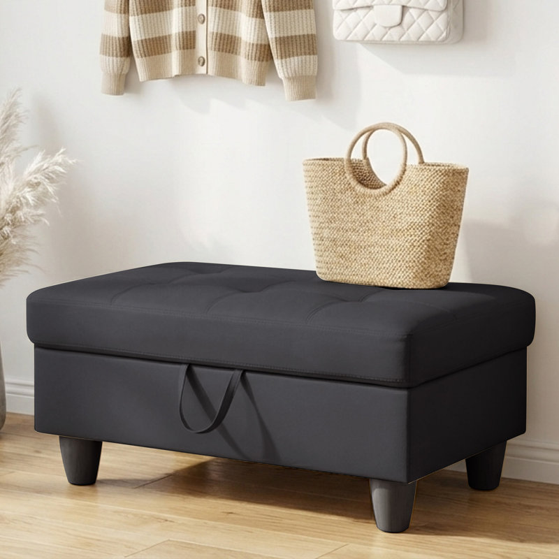 Rectangular Storage Ottoman Bench With Hinged Lid, Faux Leather Footrest For Living Room, Bedroom, Entryway, Black, 35"X23.5"X17.5"