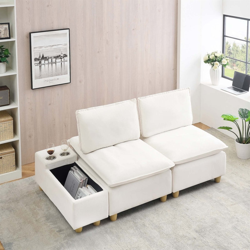 Canapé minimaliste en flanelle à deux places avec porte-gobelets et compartiments de rangement