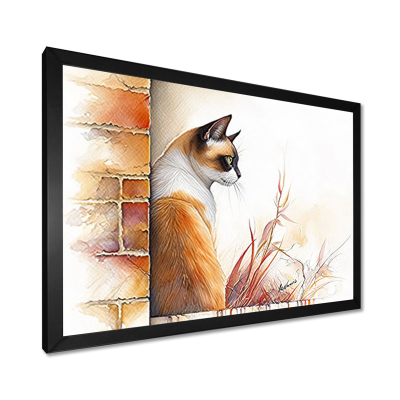 «The Curious Siamese Cat I», reproduction d'art sur chat, Reproduction encadrée d'une seule photo sans pass, Noir